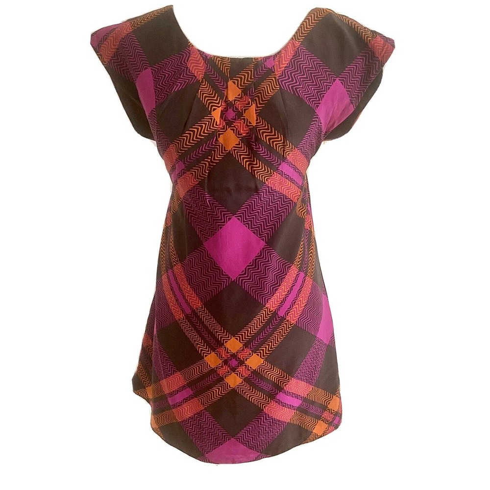 Alice & Trixie Sz Small Short Wing Sleeve A Line Dress Pink Orange Brown Plaid